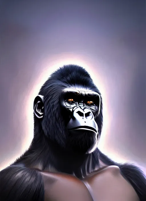 Prompt: frightening gorillas warrior portrait, weapons in hand, art by artgerm, wlop, loish, ilya kuvshinov, tony sandoval. 8 k realistic, hyperdetailed, beautiful lighting, symmetrical face
