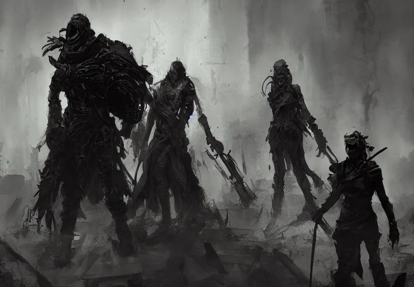 Prompt: painting of the dark figures of three people in a post apocalyptic scenery, high contrast, concept art, dramatic lighting, digital art, 8 k, extremely detailed, drawn by ruan jia