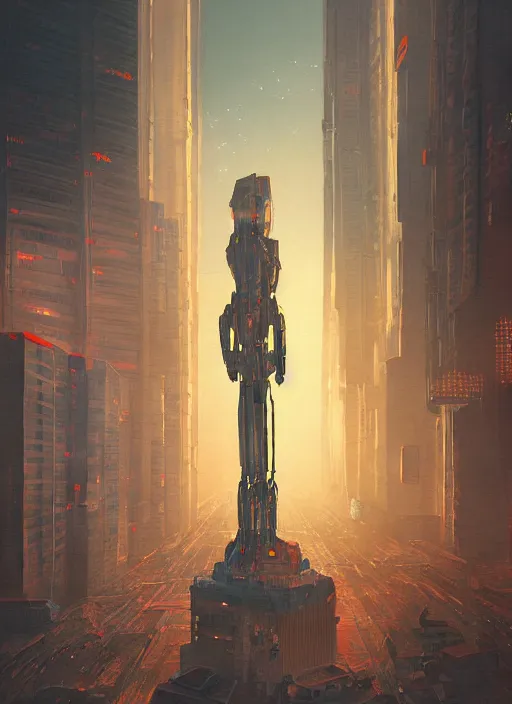 Image similar to a painting of a giant robot standing in front of a city, cyberpunk art by mike winkelmann, behance contest winner, nuclear art, dystopian art, apocalypse art, sci - fi