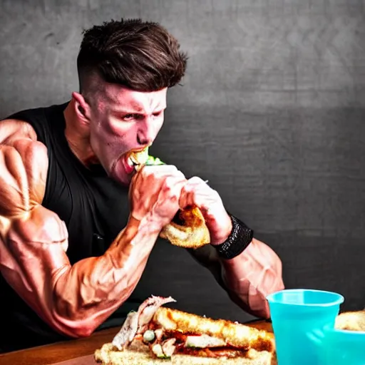 Image similar to a very vascular, sweaty body builder angrily eating a squid sandwich, while sitting at a table with a large squid on top.