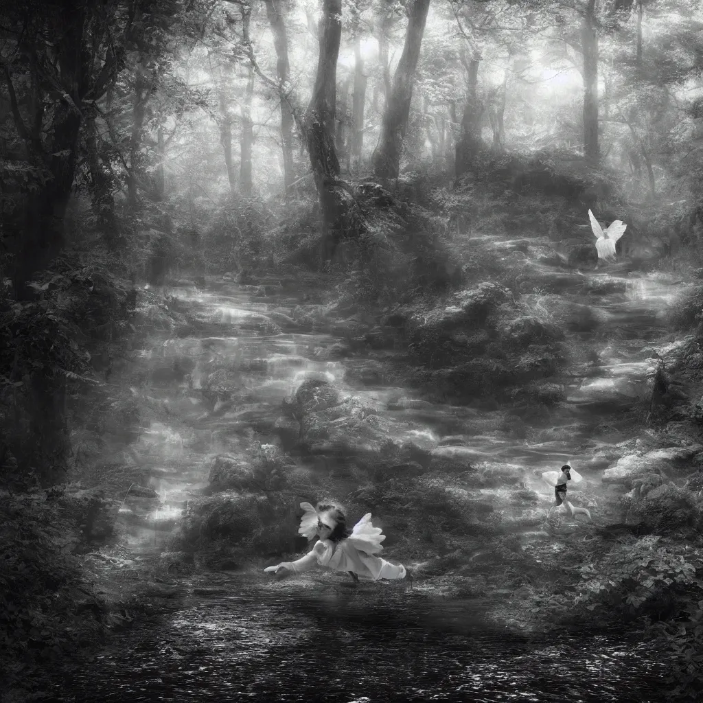 Prompt: an angel chasing a child through a creek in the woods, bad dream, hazy memory, volumetric, hyper realistic, octane render, dark black and white in the style of alvin schwartz, epic angles