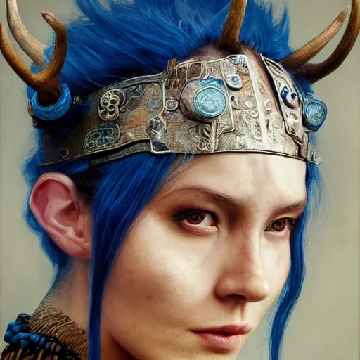 Image similar to A young female shaman, blue hair and antlers on her head. blindfolded, heilung, in the style of Heather Theurer, headshot photoshoot, insanely detailed and intricate, beautiful, elegant, cinematic toplight, portrait, headroom, artstation, made by karol bak