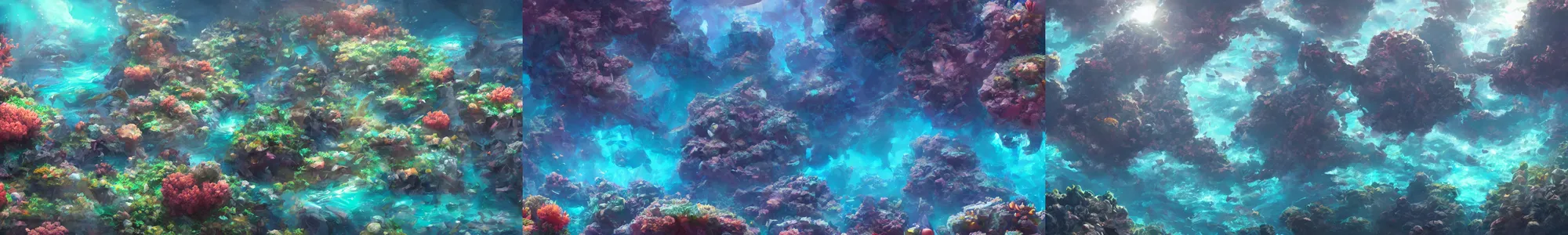 Prompt: coral reef full of observatories for scientists, cinematic lighting, trending on artstation, anime style, oil painting