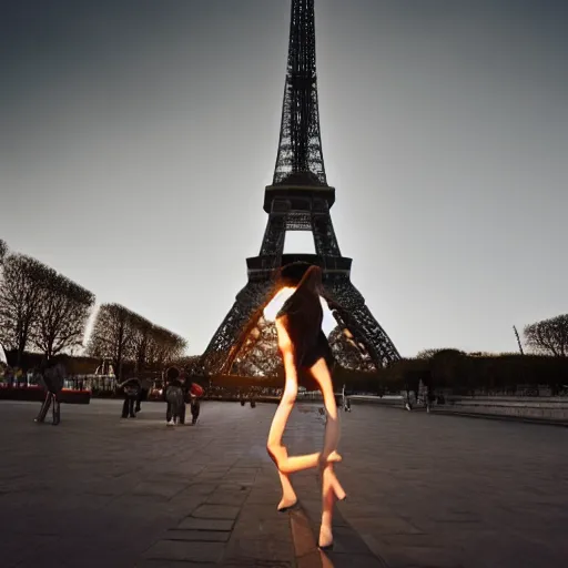 Prompt: an 18 year old woman dancing in front of the eiffel tower in the year 2154, dramatic lighting