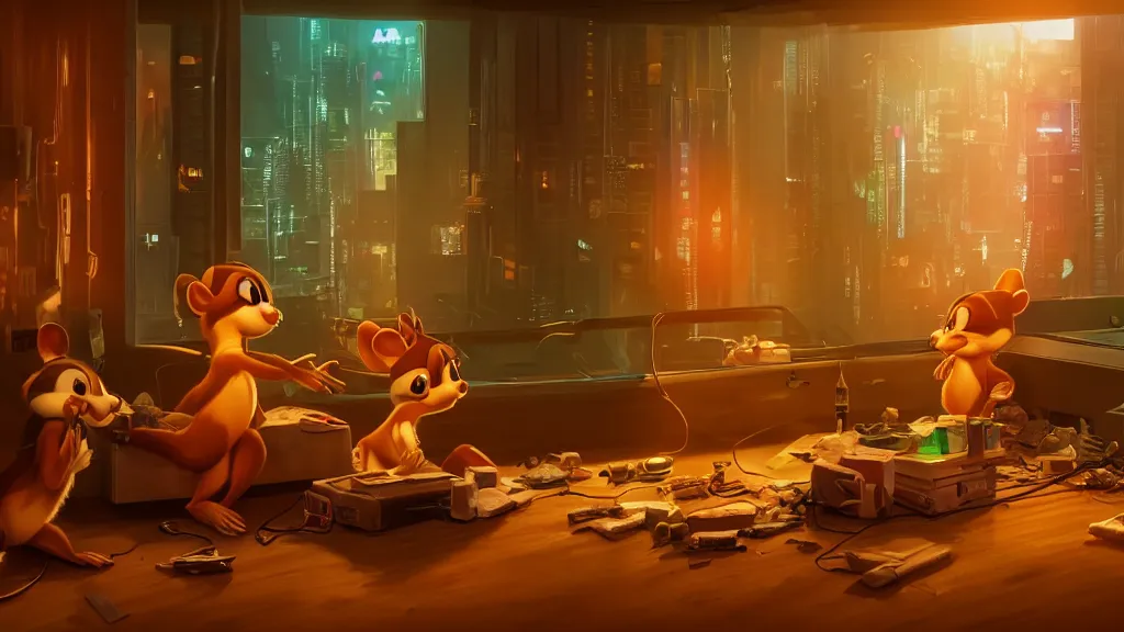 Prompt: Chip and Dale chipmunks in the apartment room in a cyberpunk city, soft god rays from city lights outside the window, unreal engine 5, soft neon atmosphere, photorealistic, soothing colors, somber melancholic matte painting, hyperrealism, hyperrealistic, cinematic masterpiece, cyberpunk style 8k ultrahd octane render