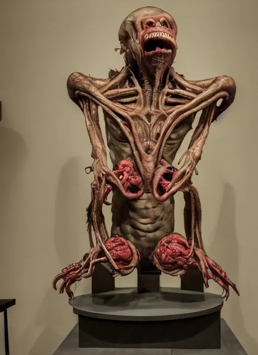 Prompt: an ugly teratoma on a plinth in the middle of a museum room full of people painted by hopper and giger