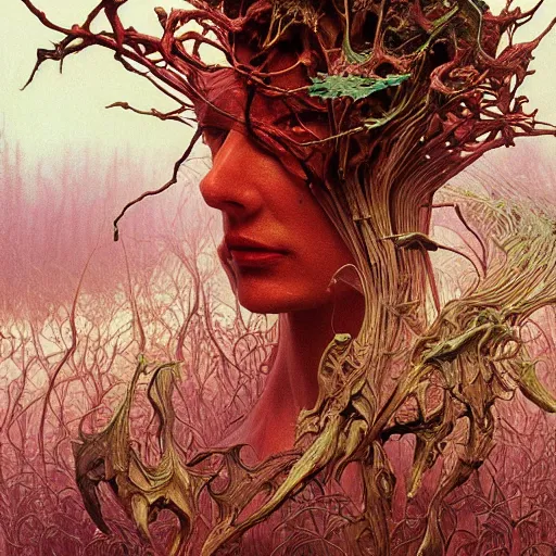 Image similar to forest creature cyber nomad android by zdzisław beksinski, iris van herpen, raymond swanland, craig mullins and alphonse mucha. highly detailed, hyper - real, beautiful