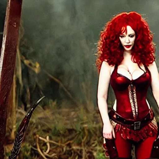 Prompt: photo of christina hendricks as a vampire amazon warrior