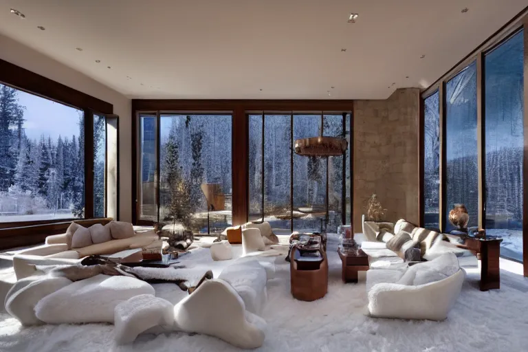 Image similar to interior of a beautiful modern stone mansion in Aspen, golden hour, gentle snow, sunbeams, volumetric lighting, by Emmanuel Lubezki