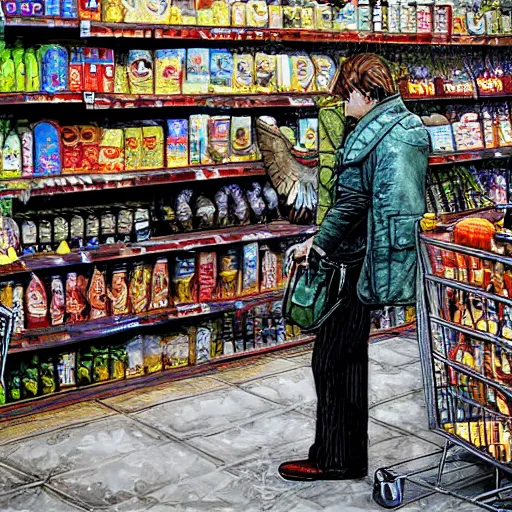 Image similar to a fallen angel stands at the checkout in the supermarket, digital art, by enki Bilal, hyper realistic