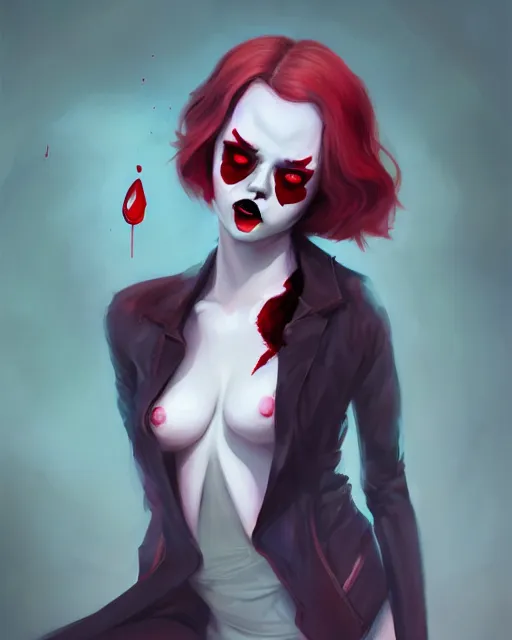 Image similar to a portrait of a beautiful full body Emma Stone vampire sharp teeth open mouth, covered in blood, art by lois van baarle and loish and ross tran and rossdraws and sam yang and samdoesarts and artgerm, digital art, highly detailed, intricate, sharp focus, Trending on Artstation HQ, deviantart, unreal engine 5, 4K UHD image