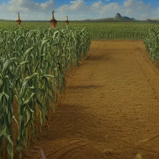 Image similar to a beautiful and highly detailed matte painting of a baseball field in a corn field, celtic knots, intricate details, epic scale, insanely complex, 8 k, sharp focus, hyperrealism, very realistic, by caspar friedrich, albert bierstadt, james gurney, brian froud,