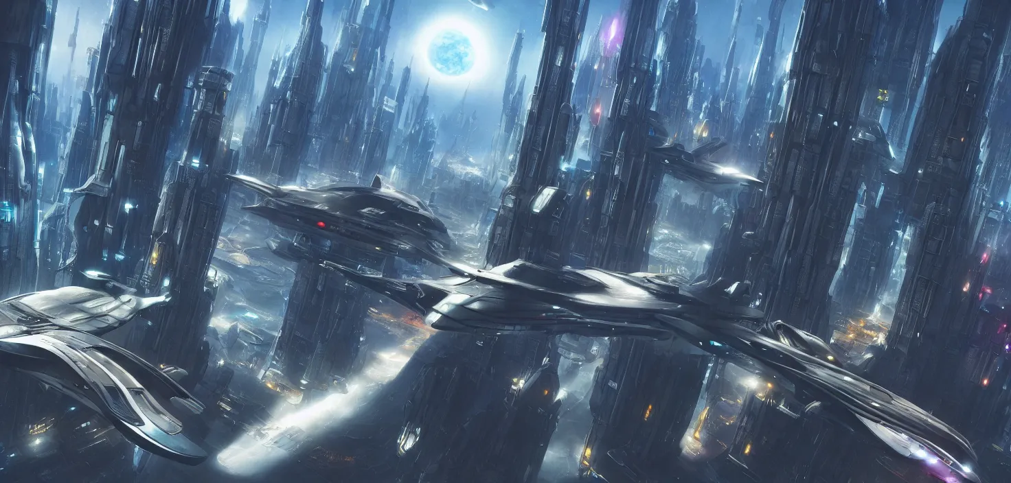 Image similar to a futuristic city scene with a flying spaceship, a detailed matte painting by chris moore, shutterstock contest winner, afrofuturism, matte painting, futuristic, sci - fi