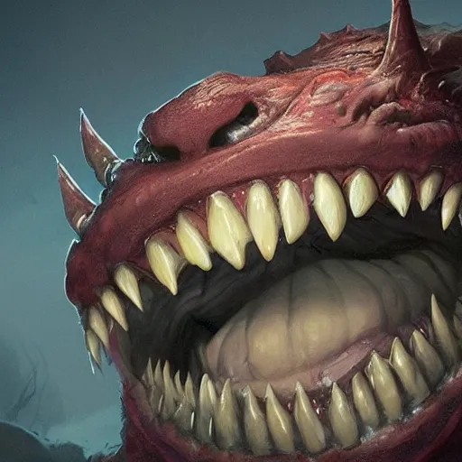 Prompt: monster with a very toothy smile, 8 k, shallow depth of field, greg rutkowski, moody lighting, ultra high detail, concept art,