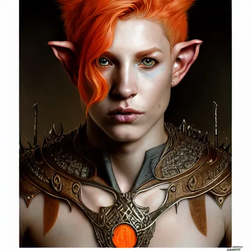 Image similar to portrait painting of an elven male teen with short light orange hair and tribal tattoos on his face wearing fur armor, ultra realistic, concept art, intricate details, eerie, highly detailed, photorealistic, octane render, 8 k, unreal engine. art by artgerm and greg rutkowski and charlie bowater and magali villeneuve and alphonse mucha