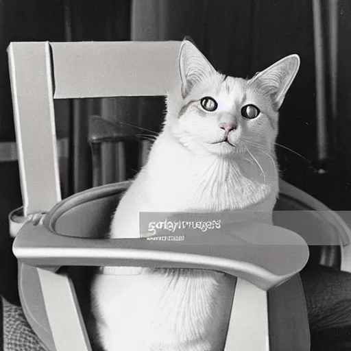 Prompt: An orange and white cat sitting in the captain's chair of the USS Enterprise. Vintage TV show, centered.