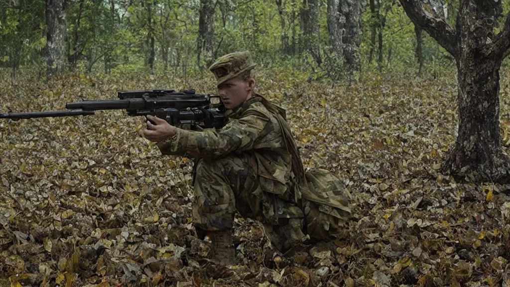 Prompt: a soldier with a rifle in tarkov made of leaves and twigs hiding in a tree, film still from the movie directed by Denis Villeneuve with art direction by Salvador Dalí, wide lens