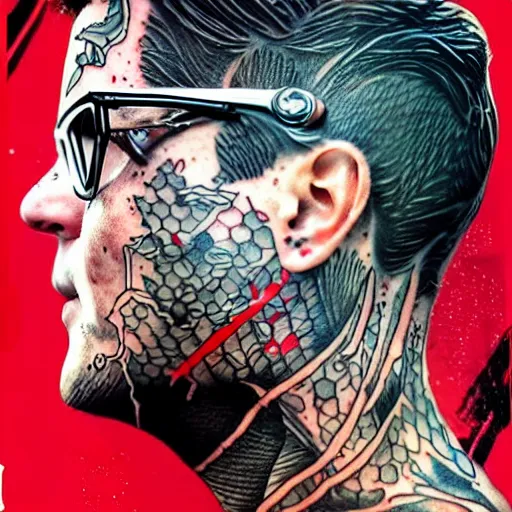 Image similar to a portrait of a man with side profile blood in ocean intricate details :: tattoo on neck :: wearing a hazmat suit by MARVEL comics and Sandra Chevrier