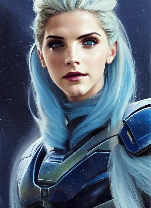 Image similar to portrait of a combination of Ashley Greene, Katheryn Winnick, Victoria Justice and Adriana Dxim, Grace Kelly, and Emma Watson with blue hair wearing Forerunner Armor from Halo, countryside, calm, fantasy character portrait, dynamic pose, above view, sunny day, thunder clouds in the sky, artwork by Jeremy Lipkin and Giuseppe Dangelico Pino and Michael Garmash and Rob Rey and Greg Manchess and Huang Guangjian, very coherent asymmetrical artwork, sharp edges, perfect face, simple form, 100mm