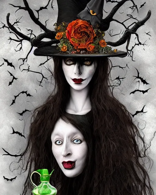 Image similar to halloween witch theme surrealist art in the styles of igor morski, jim warren, and a tim burton film, intricate, hyperrealistic, accurate facial details, profile picture with chromakey!!!!! background, milk - bath effect, volumetric lighting