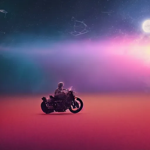 Prompt: a motorcycle floating in space inside magic colorful glowing fog, starry sky, tranquil, desolate, atmospheric, hazy, autochrome, 8k, photo, octane render, unreal engine 5