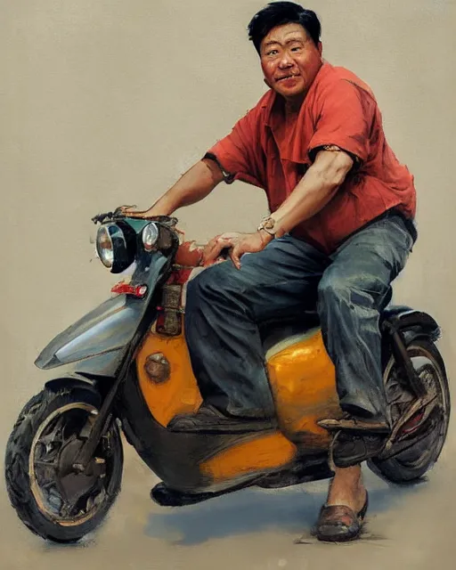 Image similar to greg manchess portrait painting of asian middle age man on moped motorbike burning, medium shot, asymmetrical, profile picture, organic painting, sunny day, matte painting, bold shapes, hard edges, street art, trending on artstation, by huang guangjian and ail elvgren and sachin teng