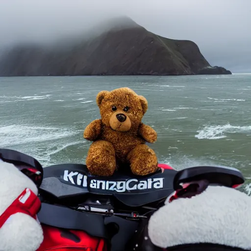 Prompt: a teddy bear wearing a motorcycle helmet and cape is standing in front of loch awe with kilchurn castle behind him driving a speed boat near the golden gate bridge car surfing on a taxi cab in new york city riding a motorcycle in rio de janeiro with dois irmaos in the background. dslr photo.