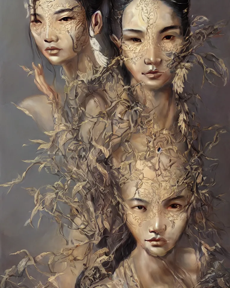 Prompt: a professional portrait of the Sunflower Goddess, tribal and wild Chinese woman, olive skin, beautiful bone structure, symmetrical facial features, intricate, elegant, digital painting, concept art, smooth, sharp focus, illustration, art style by Ruan Jia and Mandy Jurgens and Artgerm and William-Adolphe Bouguerea