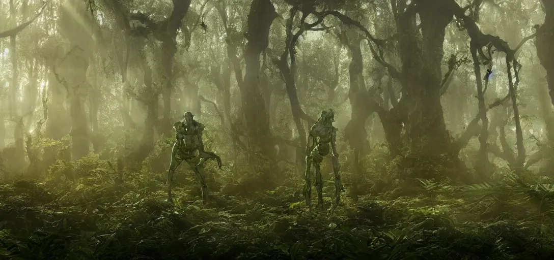 Image similar to a complex organic fractal 3 d metallic symbiotic ceramic humanoid megastructure creature in a swampy lush forest, foggy, sun rays, cinematic shot, photo still from movie by ari aster