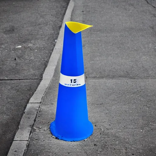 Image similar to a blue traffic cone, 3 5 mm lens, street photography
