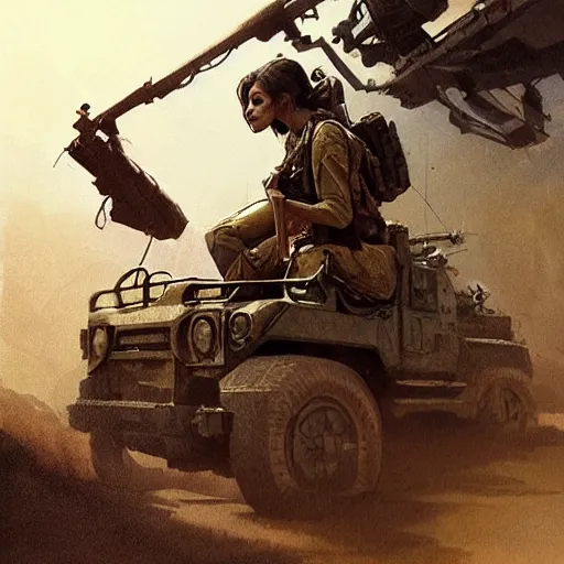 Prompt: A pale young indian woman riding a Humvee from Battlefield 4, very detailed face, gorgeous, beautiful, intricate, highly detailed, digital painting, artstation, concept art, sharp focus, illustration, art by greg rutkowski and alphonse mucha