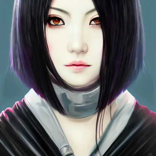 Image similar to heroine, beautiful, sui ishida with black hair, hyperrealistic, highly detailed, 8 k, a real photographic, digital art, character, realistic, full body portrait, female samurai, symatrical, dark atmospheric lighting, artstation, symetric, lineart