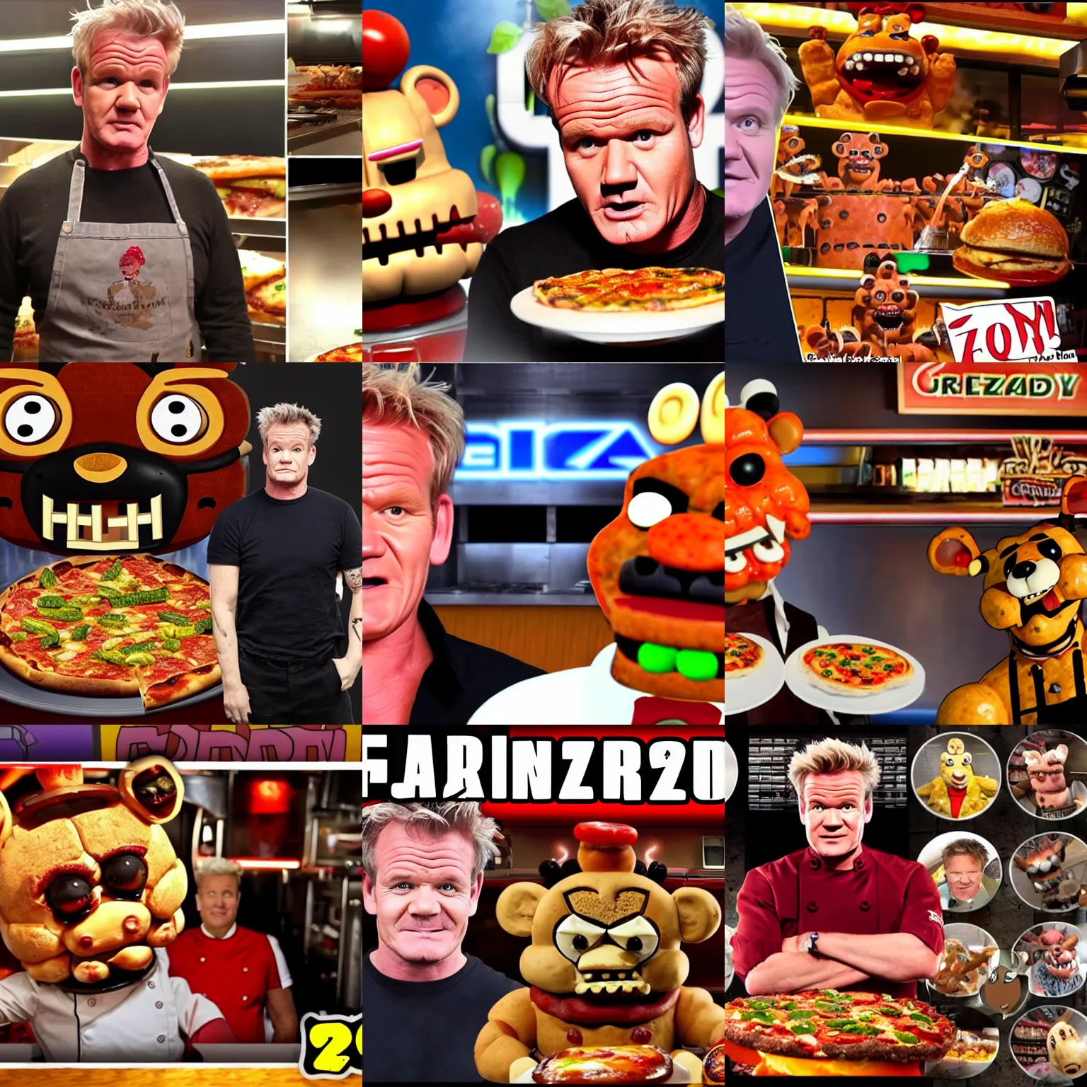 Prompt: Gordon Ramsey critiquing food at Freddy Fazbear\'s pizzeria, photographic, realistic, animatronics, scary, angry, raw
