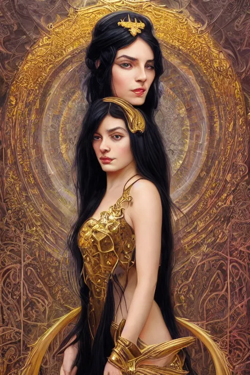 Image similar to fullbody!! of a beautiful woman with long black hair, big natural horns on her head, long flowing intricate dress, gold jewellery, dnd, face, fantasy, intricate, elegant, highly detailed, digital painting, artstation, concept art, smooth, sharp focus, illustration, art by artgerm and greg rutkowski and alphonse mucha