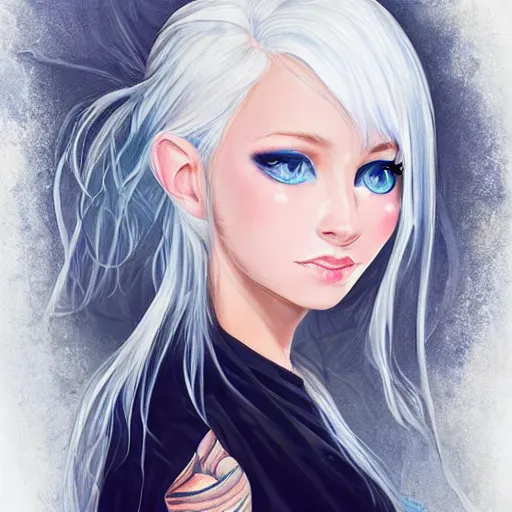 Image similar to incredibly beautiful portrait of A wonderful girl with blue eyes. White hair. Hyper detailed. Very very very very very very very very very very very beautiful