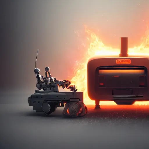 Image similar to toaster oven robot, mechanical, machine, octane render, sharp focus, hyper - realistic, intricate, detailed, eduard pronin, luka mivsek, ruan jia, dark messy smoke - filled cluttered workshop, dark, dramatic lighting, orange tint, sparks, cinematic, highly detailed, sci - fi, futuristic, movie still