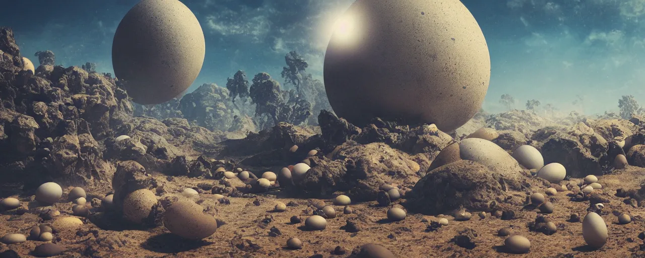 Prompt: ” louter planet with strange and mysterious eggs and larvae, [ cinematic, detailed, epic, widescreen, opening, establishing, mattepainting, photorealistic, realistic textures, octane render ] ”