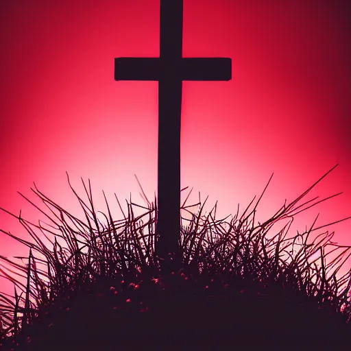 Image similar to photograph of a crown of thorns, dramatic lighting, red hues, silhouette of a cross, award winning photography, DSLR, wallpaper