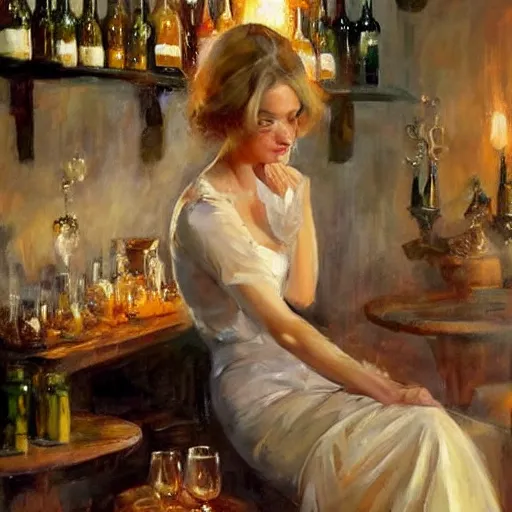 Prompt: beautiful blonde in hot dress in a wine cellar, food, pork, beer, schnapps, rustic, traditional, torches on the wall, acrylic painting by vladimir volegov and anders zorn, highly detailed, beautiful interior, masterpiece