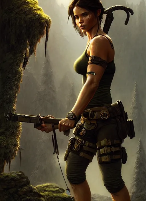 Image similar to lara croft and colin farrell as combat specialists, fantasy magic, light night, intricate, elegant, sharp focus, illustration, highly detailed, digital painting, concept art, matte, art by wlop and artgerm and ivan shishkin and andrey shishkin, masterpiece
