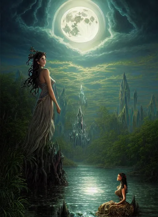 Image similar to fantasy book cover, full moon, fantasy bayou landscape, goddess in a flowing dress in the middle, back view, iridescent elements, fantasy magic, dark light night, intricate, elegant, sharp focus, illustration, highly detailed, digital painting, concept art, matte, art by wlop and artgerm and greg rutkowski and albert bierstadt, masterpiece