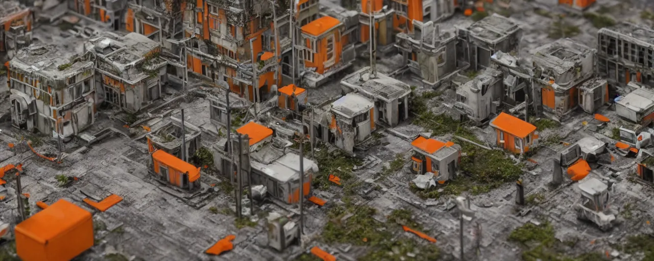 Prompt: mega detailed miniature voxel diorama abandoned research facility, brutalism architecture, tilt shift suburban, hard lights are on in the windows, dark night, fog, winter, blizzard, uncozy and not peaceful atmosphere, row of street lamps with warm orange light, several ruins nearby, cold war era 1 9 6 0