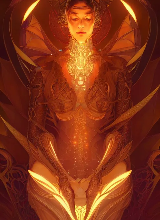 Image similar to symmetry!! portrait of a dragon, fantasy, glowing lights!! intricate, elegant, highly detailed, digital painting, artstation, concept art, smooth, sharp focus, illustration, art by artgerm and greg rutkowski and alphonse mucha