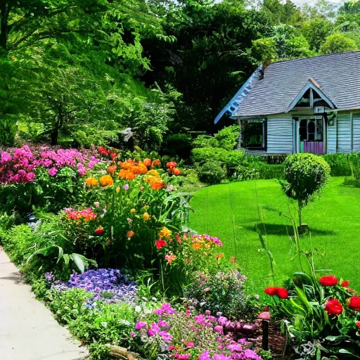 Prompt: A beautiful cottage with a lush front yard, with a flower patch and a flowing river