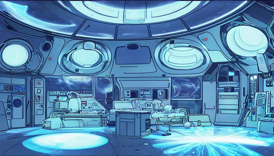 Image similar to a space ship circular medic room with bright holodesk in the center showing a blue hologram of a solar system, cryogenic pods, dark people discussing, contrasted light, clair obscur, illustration, clean lines, star wars vibe, by sead mead, by feng zhu!!! by moebius, vivid colors, spectacular cinematic scene