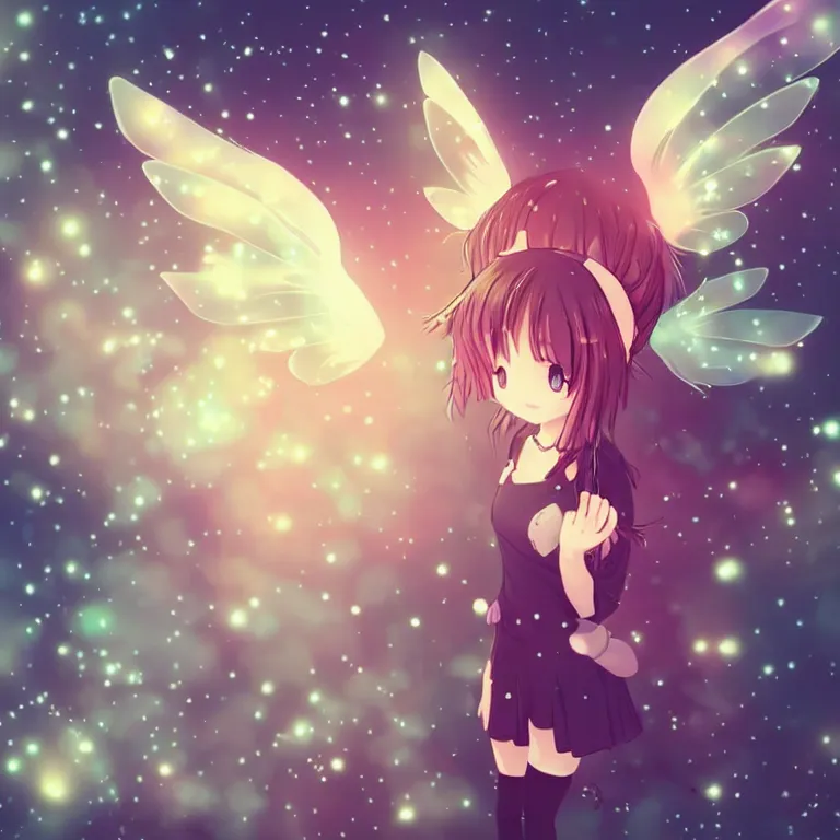 Image similar to cute, full body, female, anime style, a cat girl with fairy wings, large eyes, beautiful lighting, sharp focus, simple background, creative, heart effects, filters applied, illustration