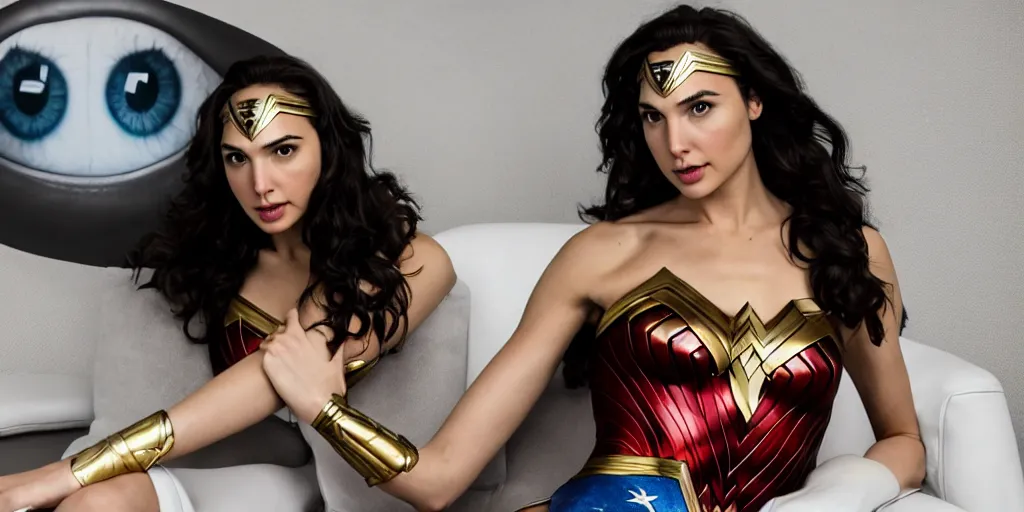 Prompt: photograph of gal gadot, dressed as wonder woman, sitting on a white leather couch with a huge photograph of a human eye on the wall behind it, ultra wide angle lens, hyperreal, super sharp photography