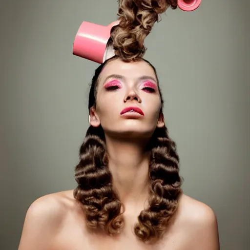 Prompt: a studio portrait of a beautiful fashion model that is curling her hair and hir dogs in the curls. surreal photograph, lo - fi, polished look, silly and serious, hermes ad, fashion photography, toiletpaper magazine, 3 5 mm photograph, colourful, by pierpaolo ferrari, maurizio cattelan