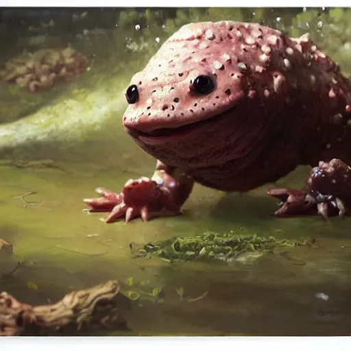 Prompt: Cute marshmallow axolotl crawling from a cacao swamp, salamander, candy world, oil painting, by Greg Rutkowski