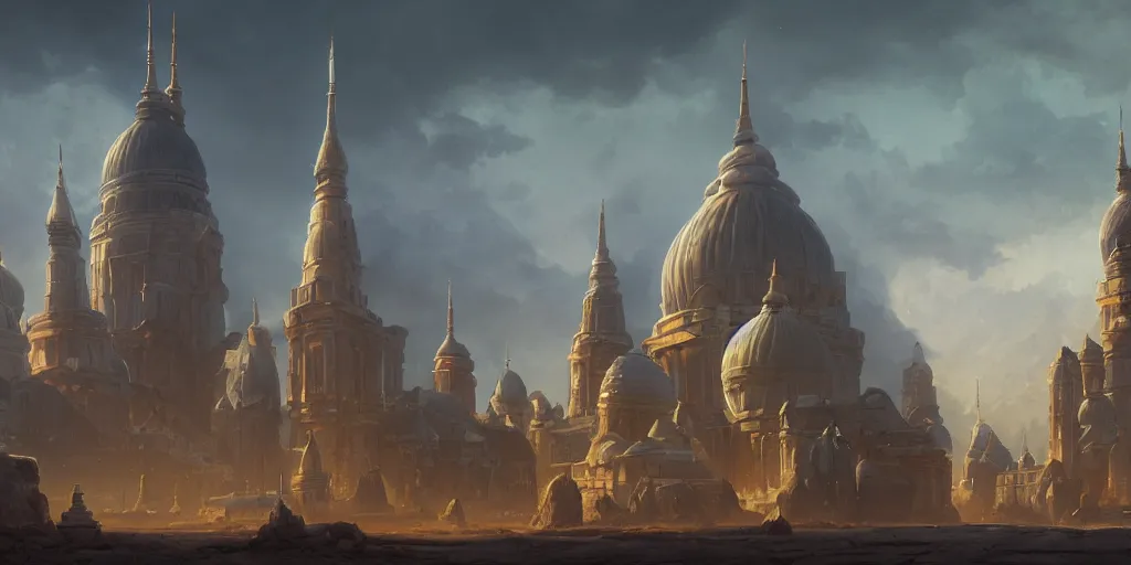 Image similar to an ancient city of alien buildings, asymmetrical spires, domes, and blobs. cinematic lighting, canvas, digital painting, artstation, by Vsevolod Ivanov, Albert Bierstadt